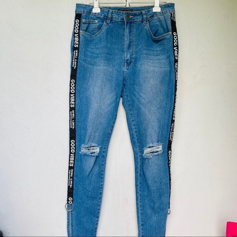 American Bazi High Waist Skinny Jeans with GOOD VIBES Side Stripe - Size 31